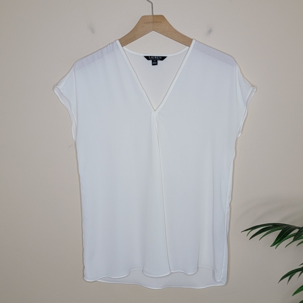Lauren Ralph Lauren Creamy White V-neck Sheer Cap Sleeve Blouse Size XS